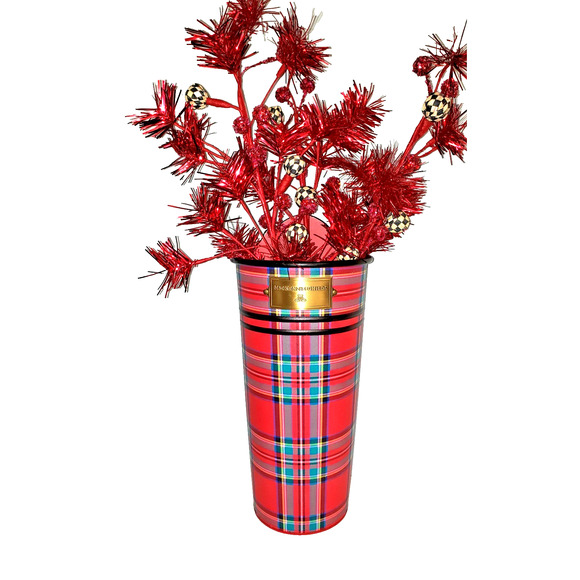 Mackenzie Childs Red Tartan Metal Bucket Wall Vase Holidays Plaid NIB Retired - Picture 2 of 8